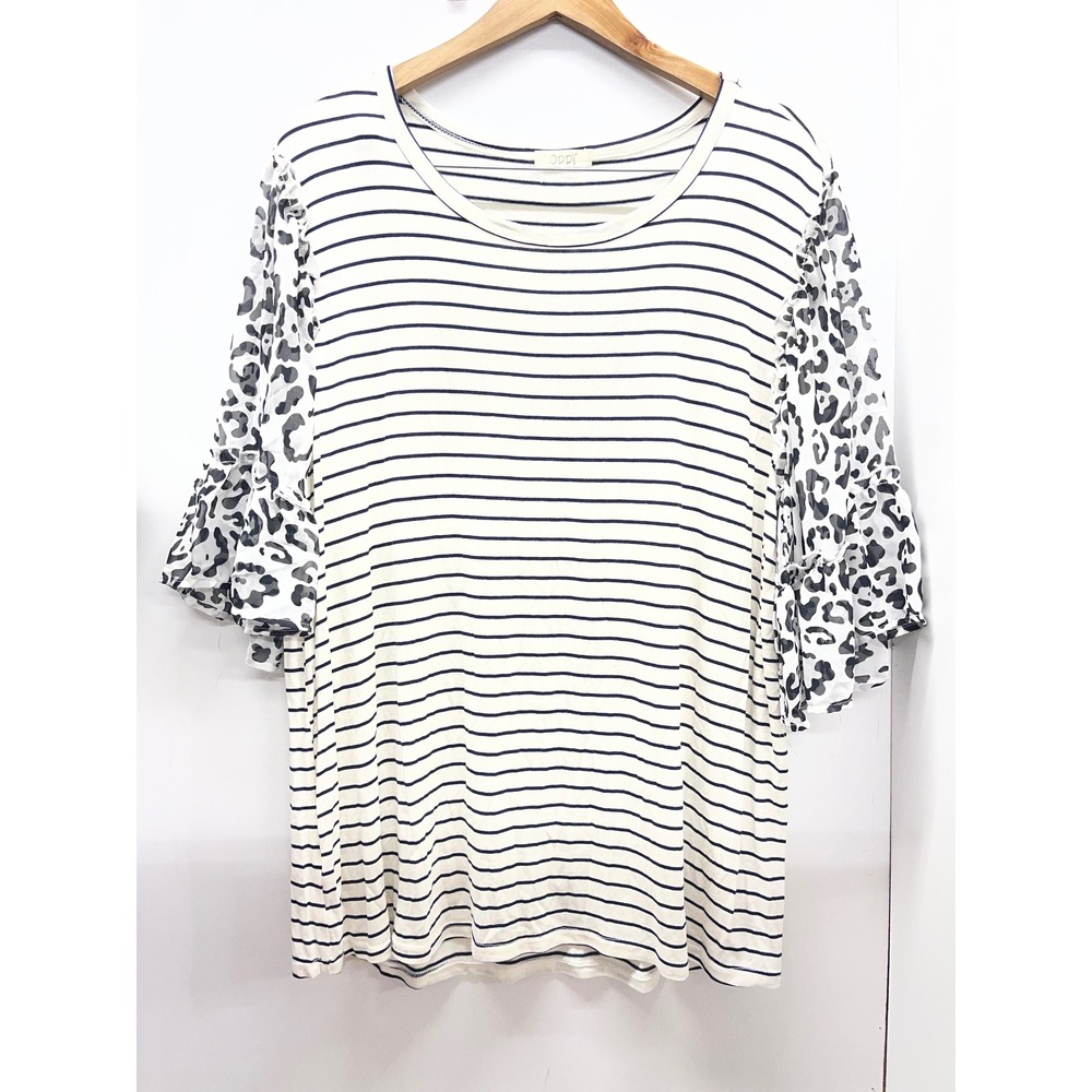 Oddi Striped Leopard Ruffle Sleeve Top 2XL Cream Navy T62637P Mixed Media